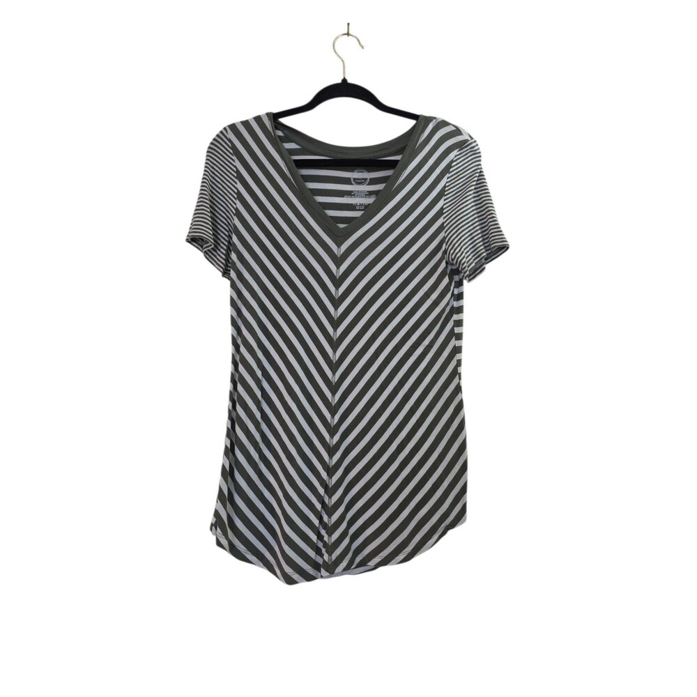 Maurices 24/7 Green White Striped V-Neck Short Sleeve T-Shirt Small Casual
